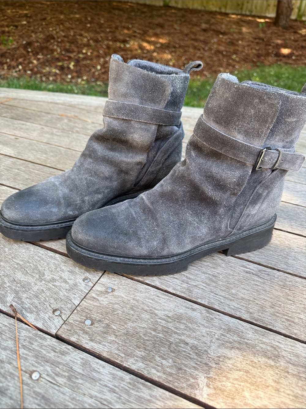 Vince Gray Suede shearling lined Ankle Booties with Side Buckle